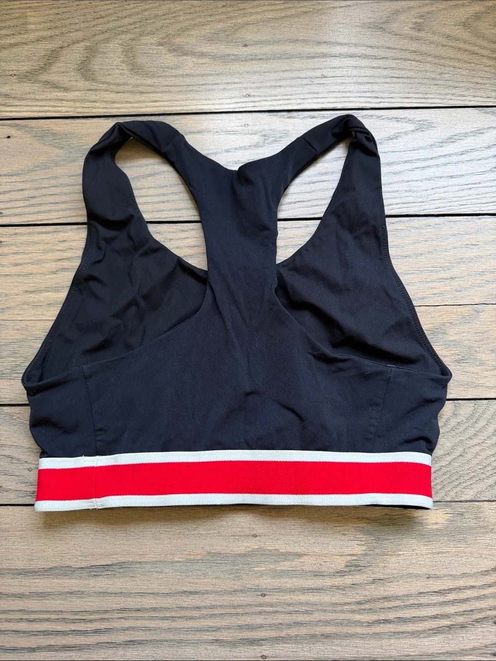 Tracksmith Black Racerback Sports Bra with Red & White Band